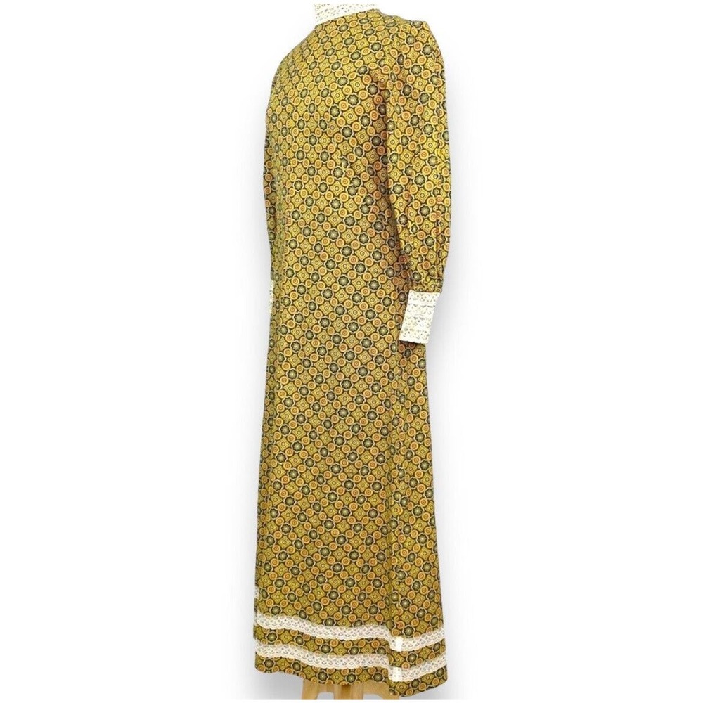 Vintage 60s Handmade Mandala Print Maxi Dress Long Sleeve Gown Lace Trim Hippie - Picture 5 of 9